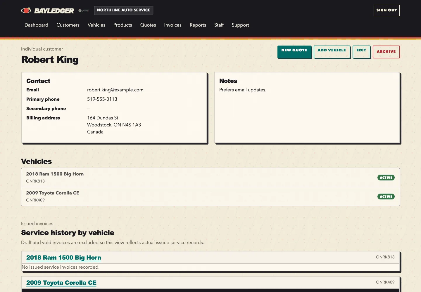 BayLedger customer page showing fictional customer details, two vehicles and service history