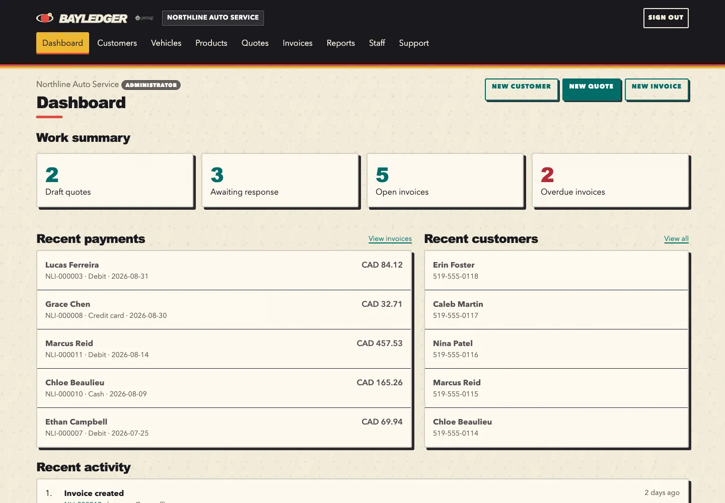 BayLedger dashboard for the fictional Northline Auto Service demo shop, showing quotes, invoices, payments and recent activity
