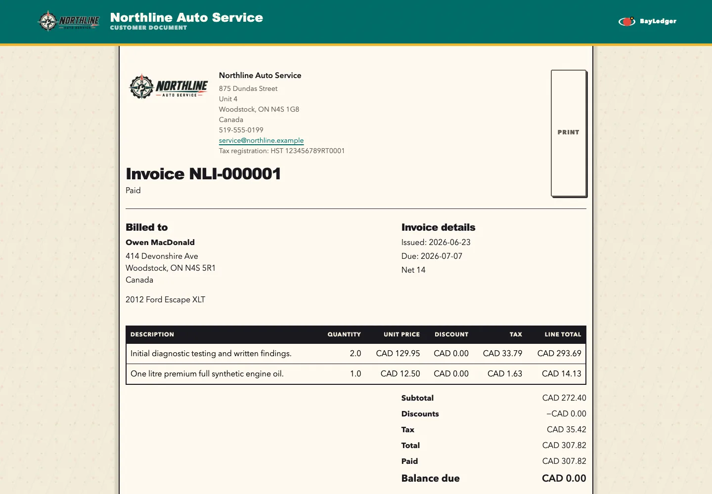 Paid BayLedger invoice for a fictional repair shop showing branded details, service lines and totals