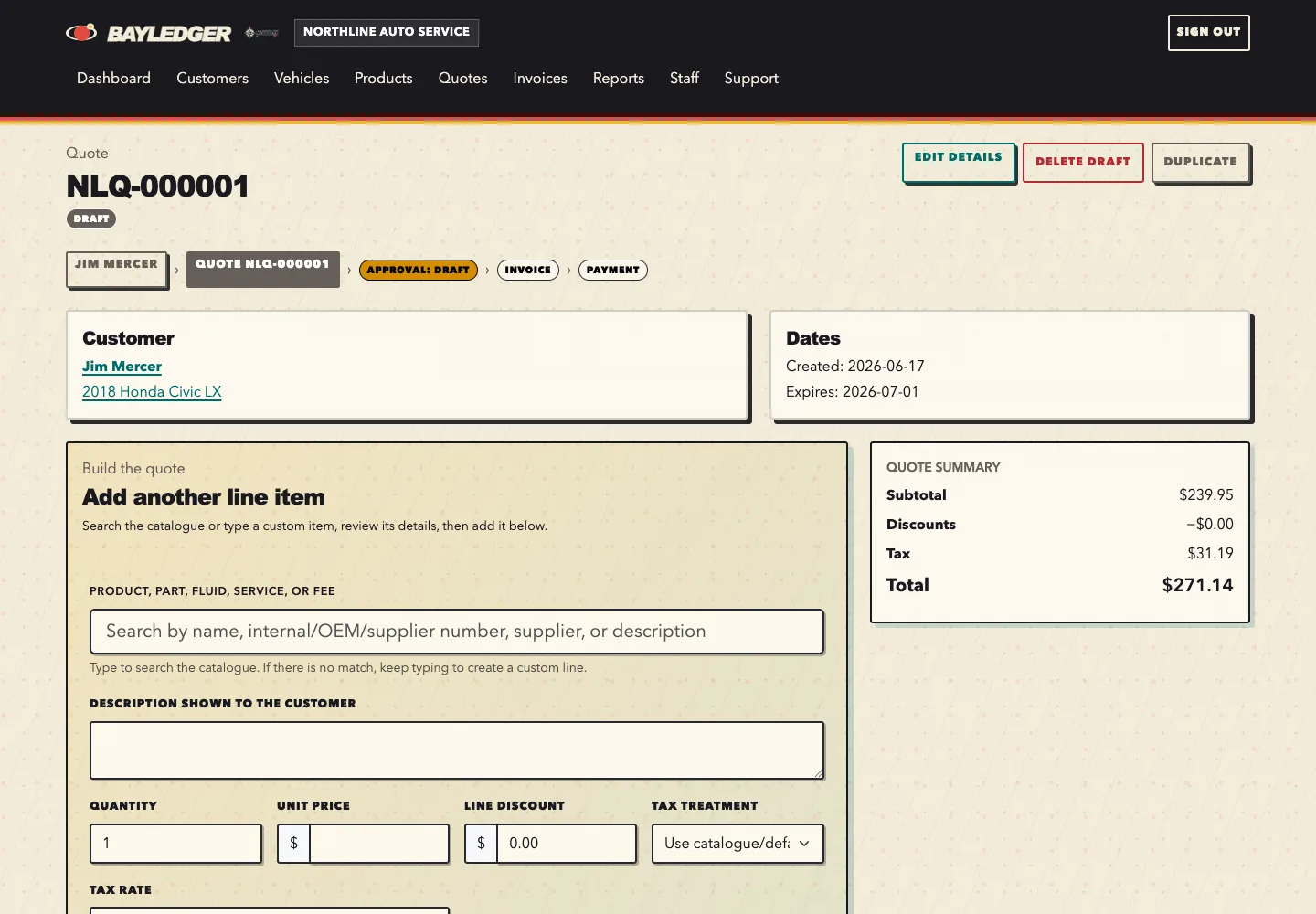 BayLedger quote builder showing catalogue search, editable line items and running totals